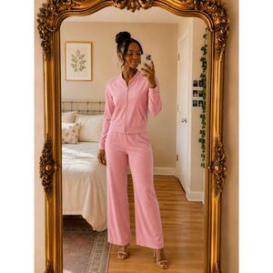 Vtg Bloomingdale's Pink Velour Tracksuit Set M Beaded Shoulder Detail Loungewear